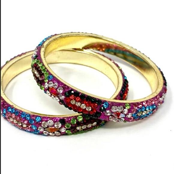 Deepa Gurnani Thin Pink Colorful Multicolored Rhinestone Bangle Bracelet Set - Picture 8 of 8